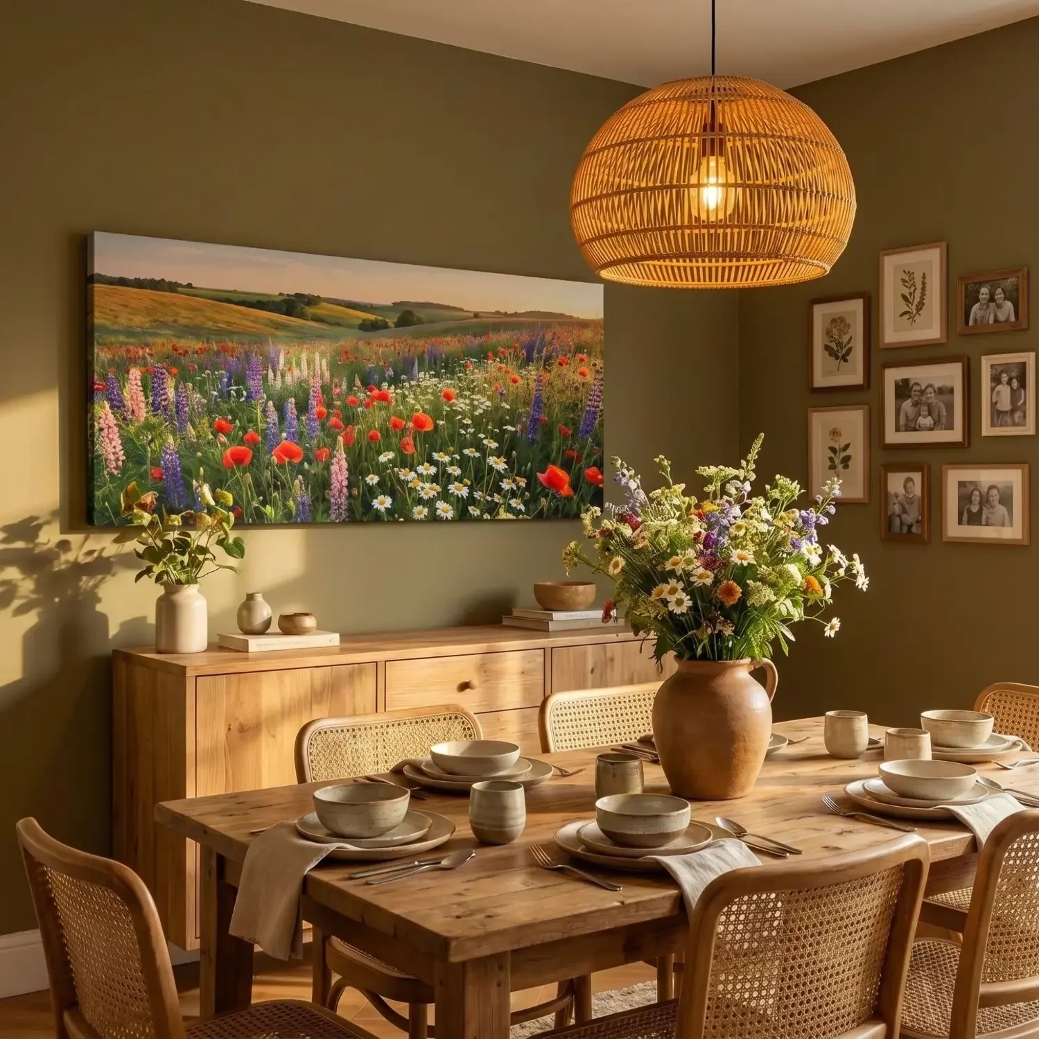 Wildflower panoramic wall art in warm dining room