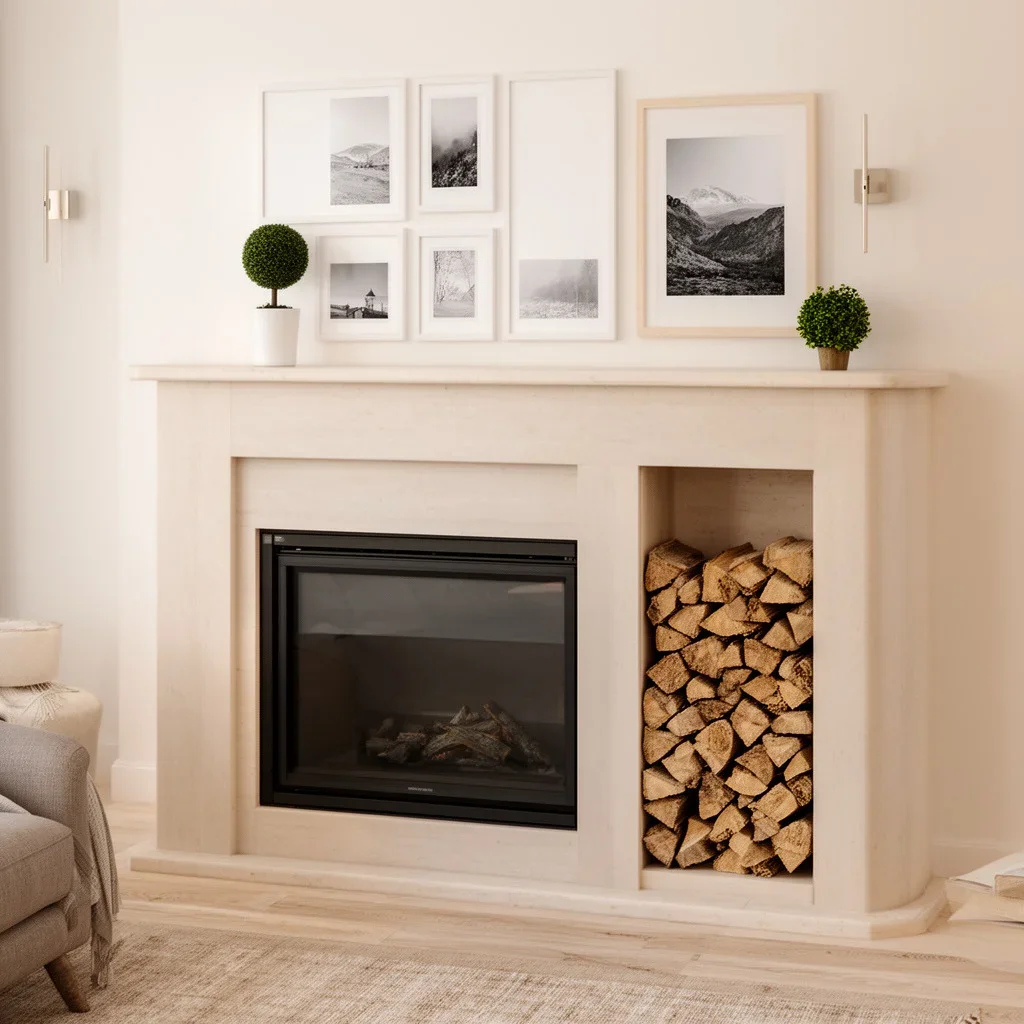Fireplace with wood on side and portraits above it