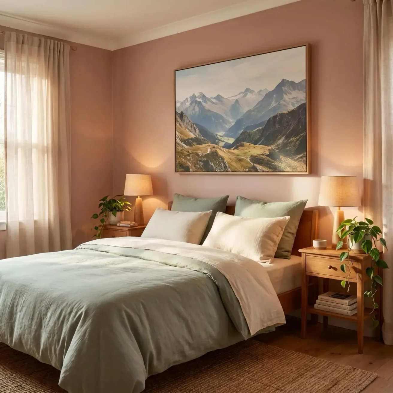 Bedroom with large travel landscape canvas above bed