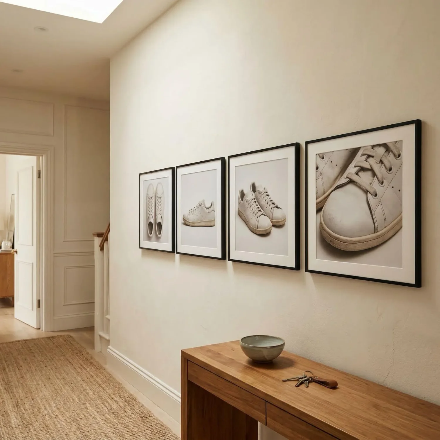 Sneaker serial artwork framed photos on hallway wall