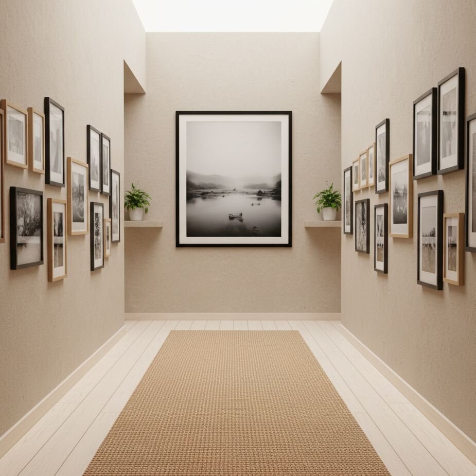 Hallway with large lake photo and side walls of framed art