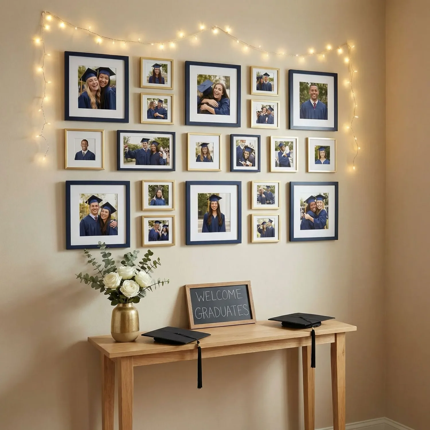 Entryway graduation decor with framed photos and sign