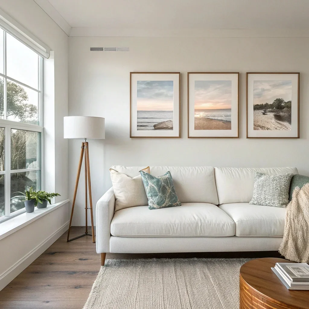Living room with framed prints evenly centered above a modern sofa.