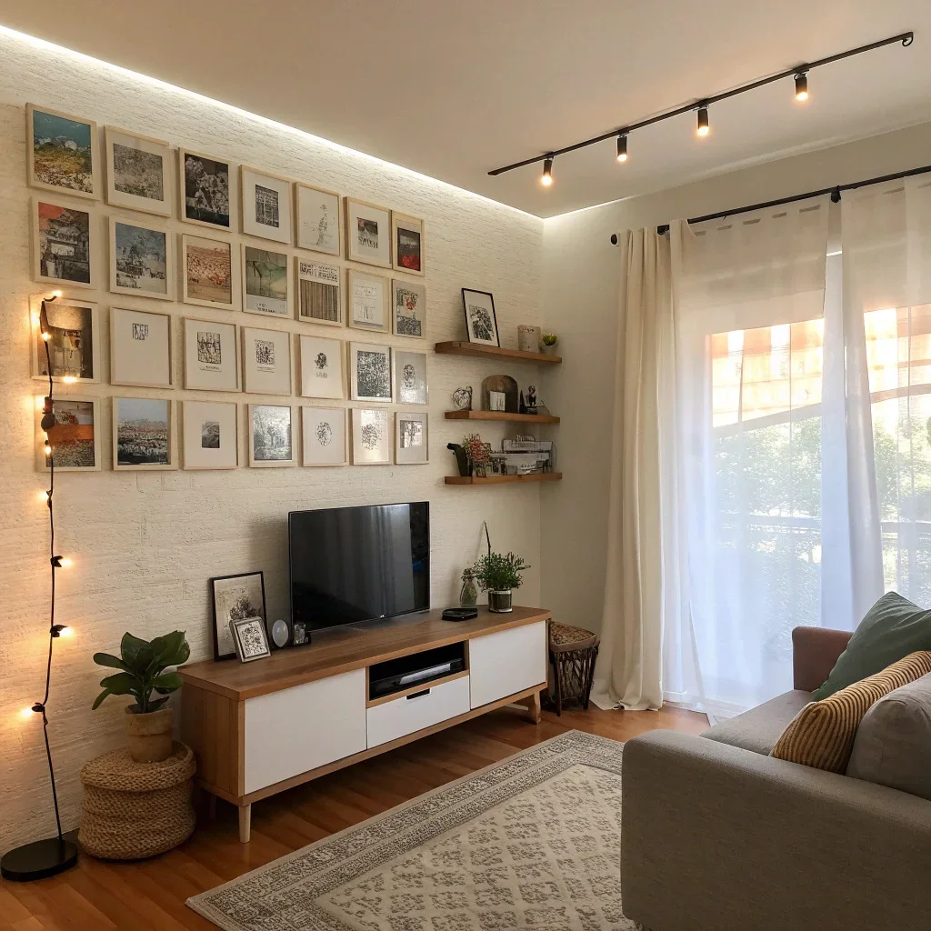 Small apartment living room styled with affordable DIY decor and wall art.