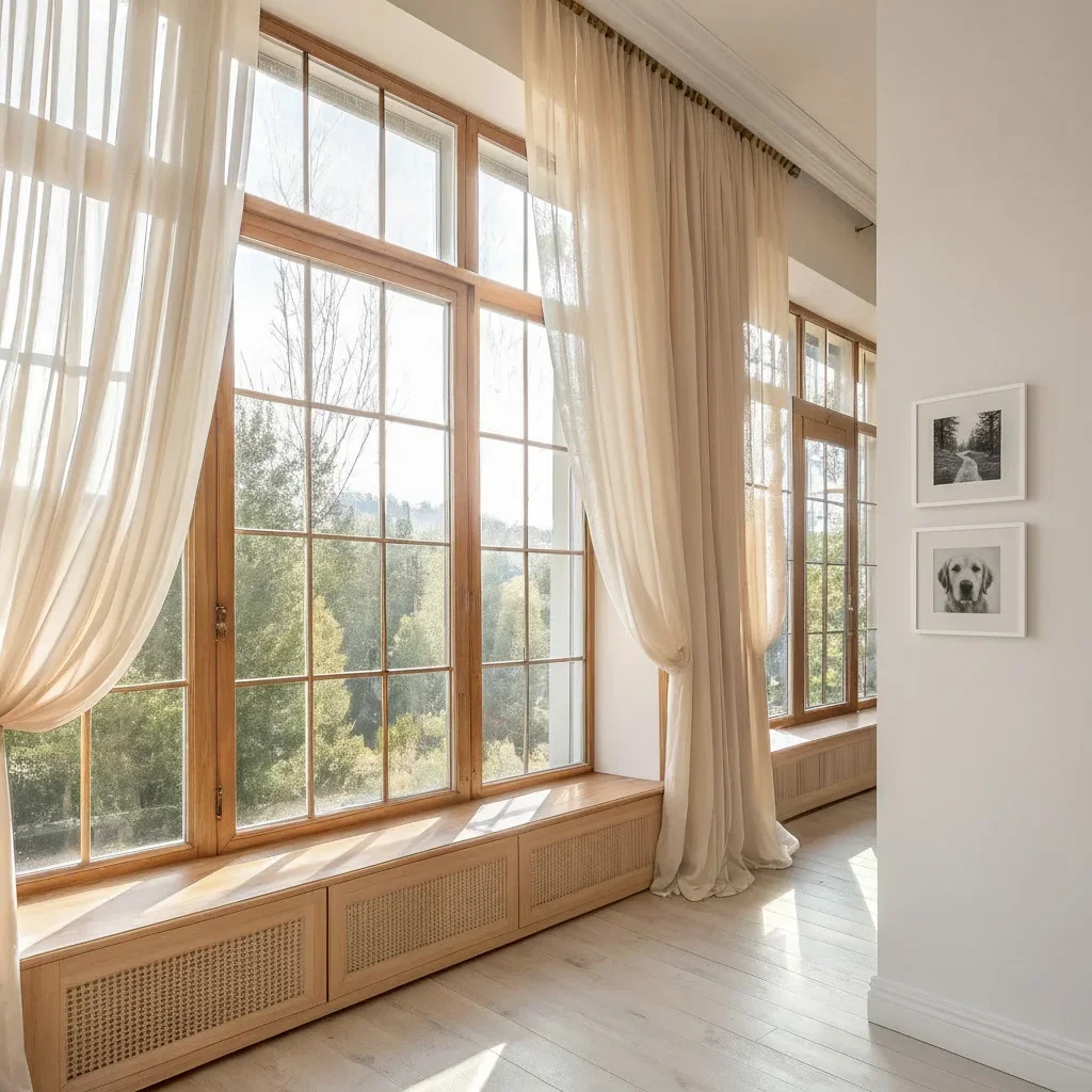 Minimalist living room with sheer, light-filtering curtains and uncluttered window sills, allowing natural daylight to fill the space softly.