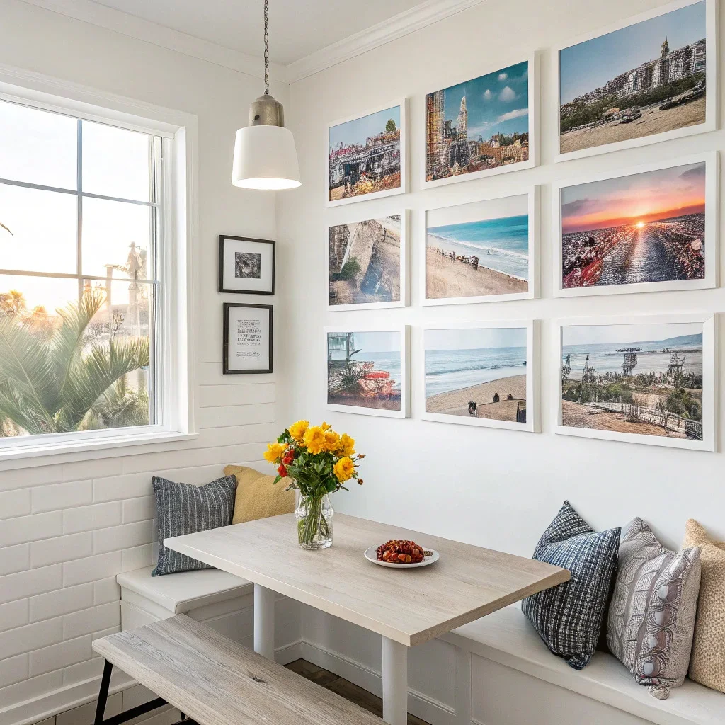 A clean breakfast nook with a gallery of vibrant travel photos and family moments displayed in matching frames, mixing color and black-and-white images for a cohesive look.