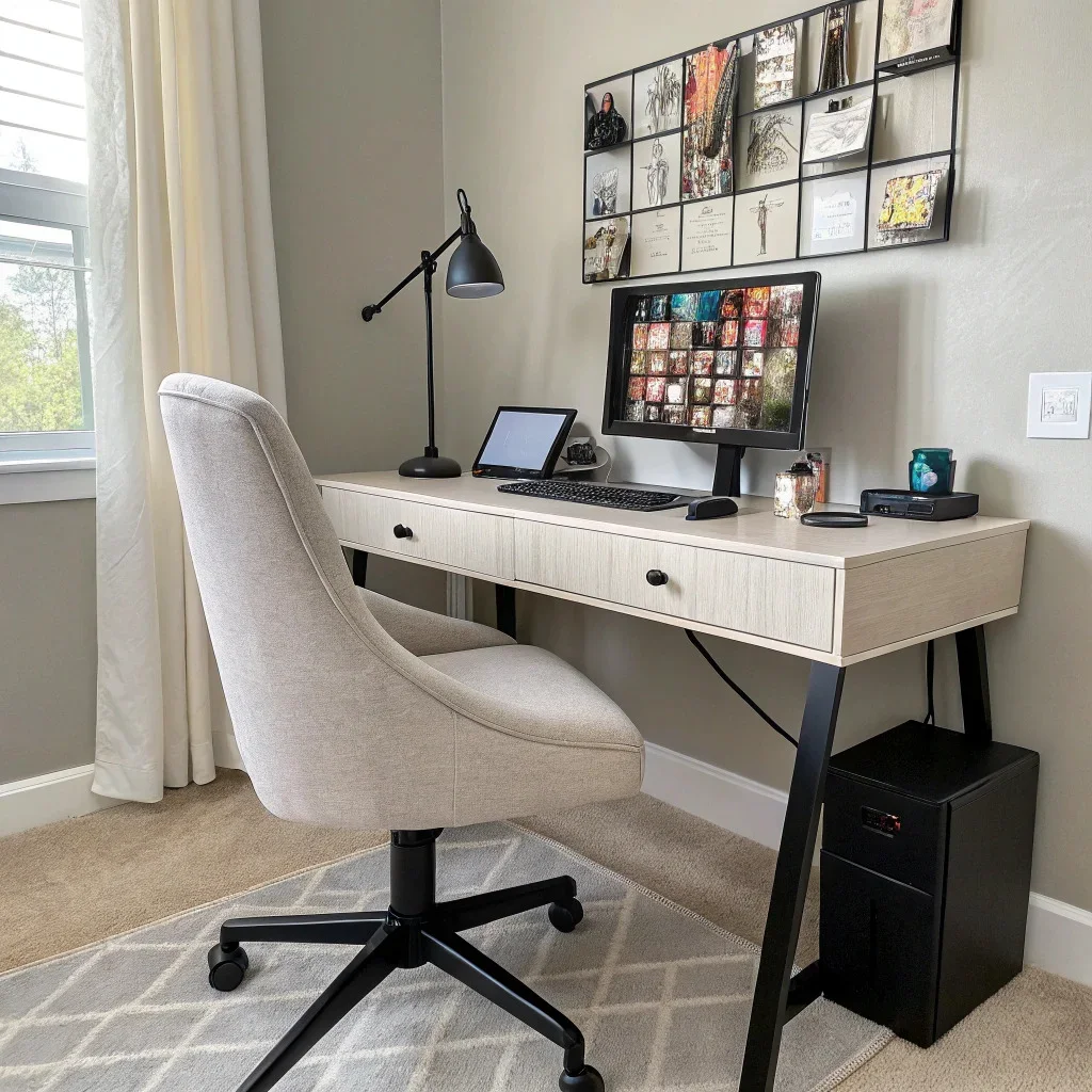 A minimalist transitional home office with a streamlined desk, upholstered chair, matte black task lamp, concealed cords, and a single row of Mixtiles behind the webcam for a polished, professional backdrop.
