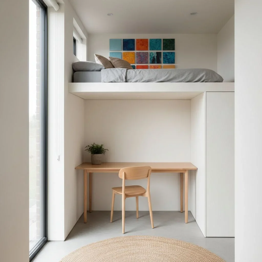 Loft bed and workspace in a tiny home