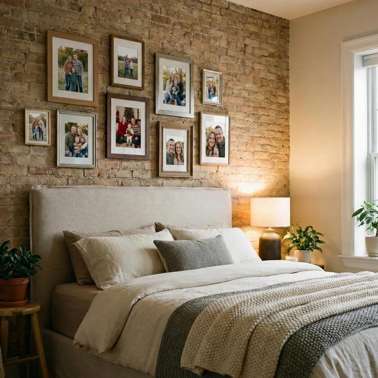 Cozy bedroom with family photo gallery on brick wall