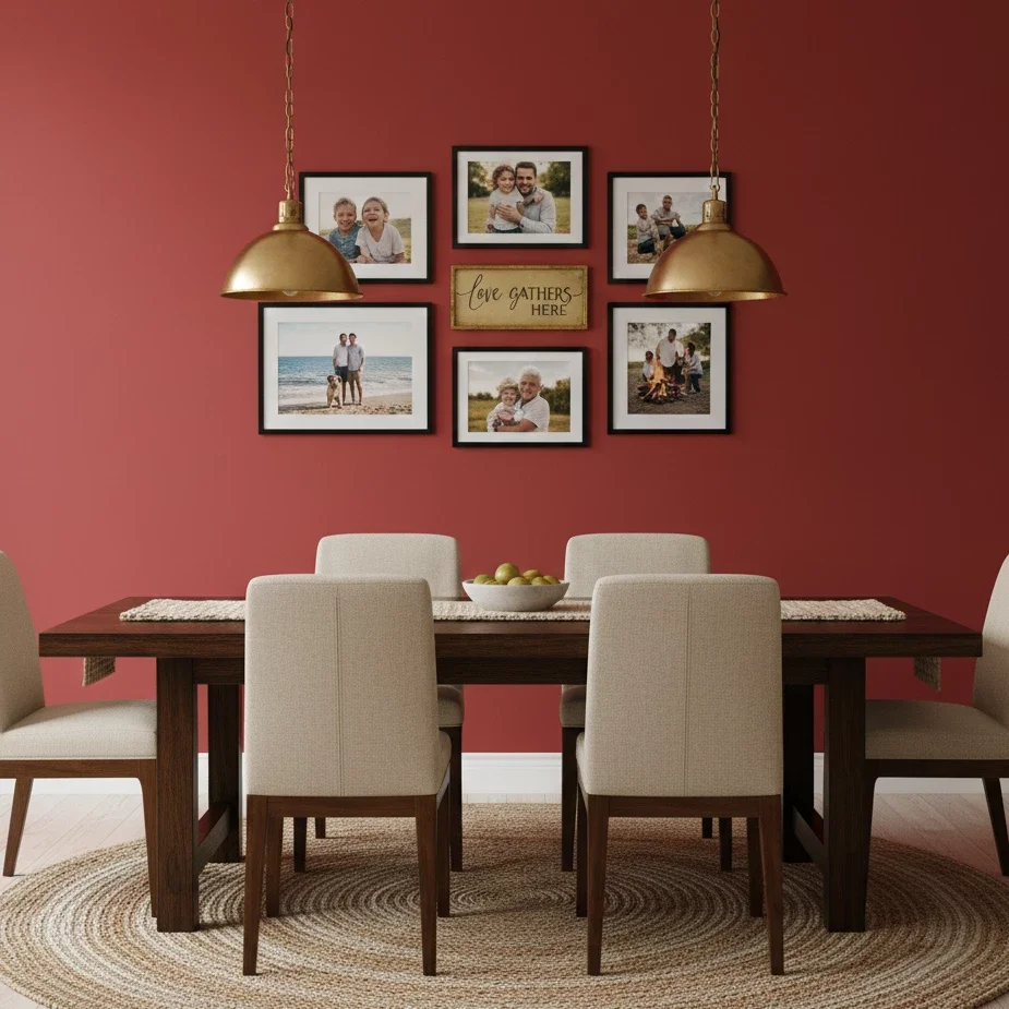 Dining room with red wall, family photo gallery, and pendant lights