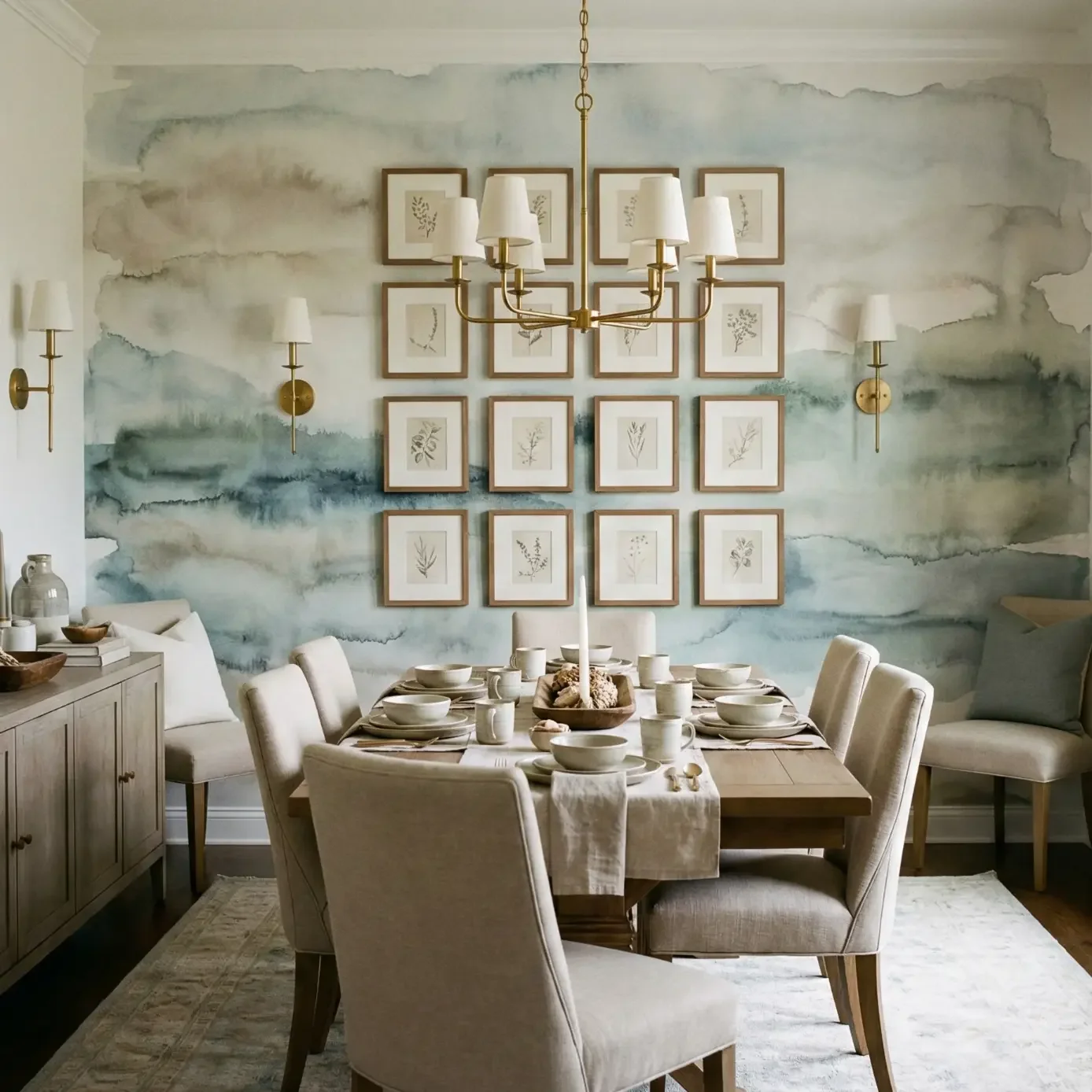 Dining room with watercolor mural, framed art grid, chandelier.