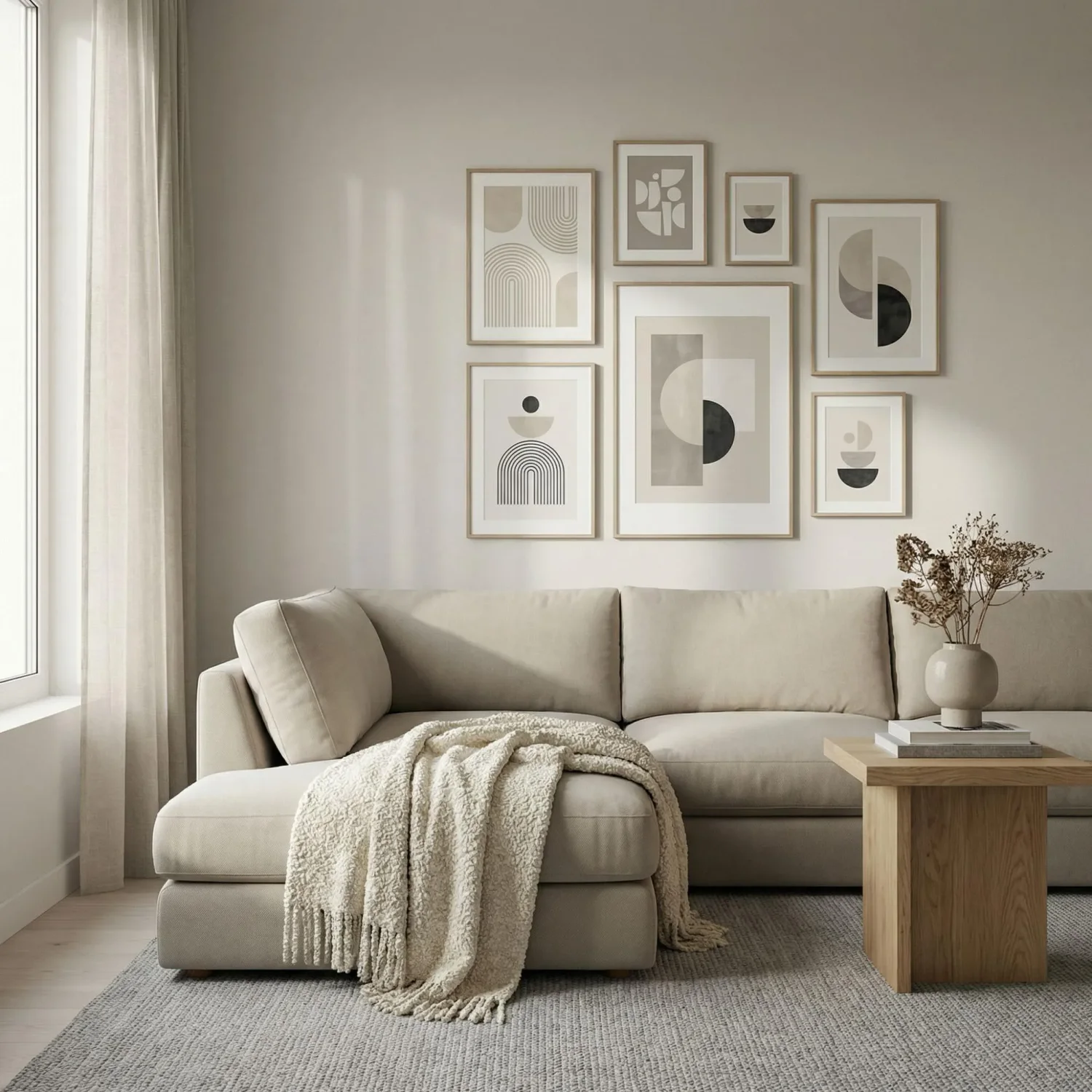 Neutral geometric framed pictures in layered living room