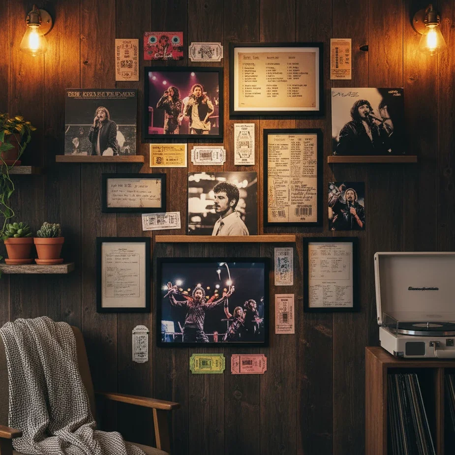 Vintage music gallery wall with concert photos and ticket stubs