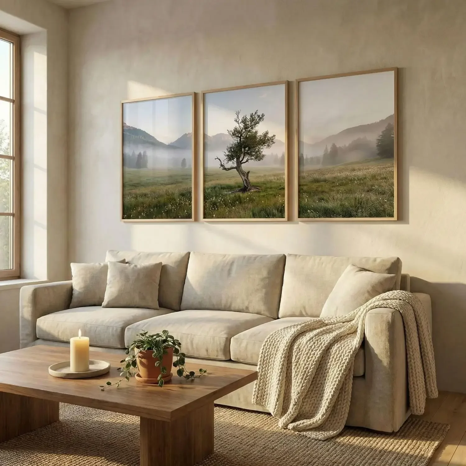 Triptych landscape framed photos above linen sofa