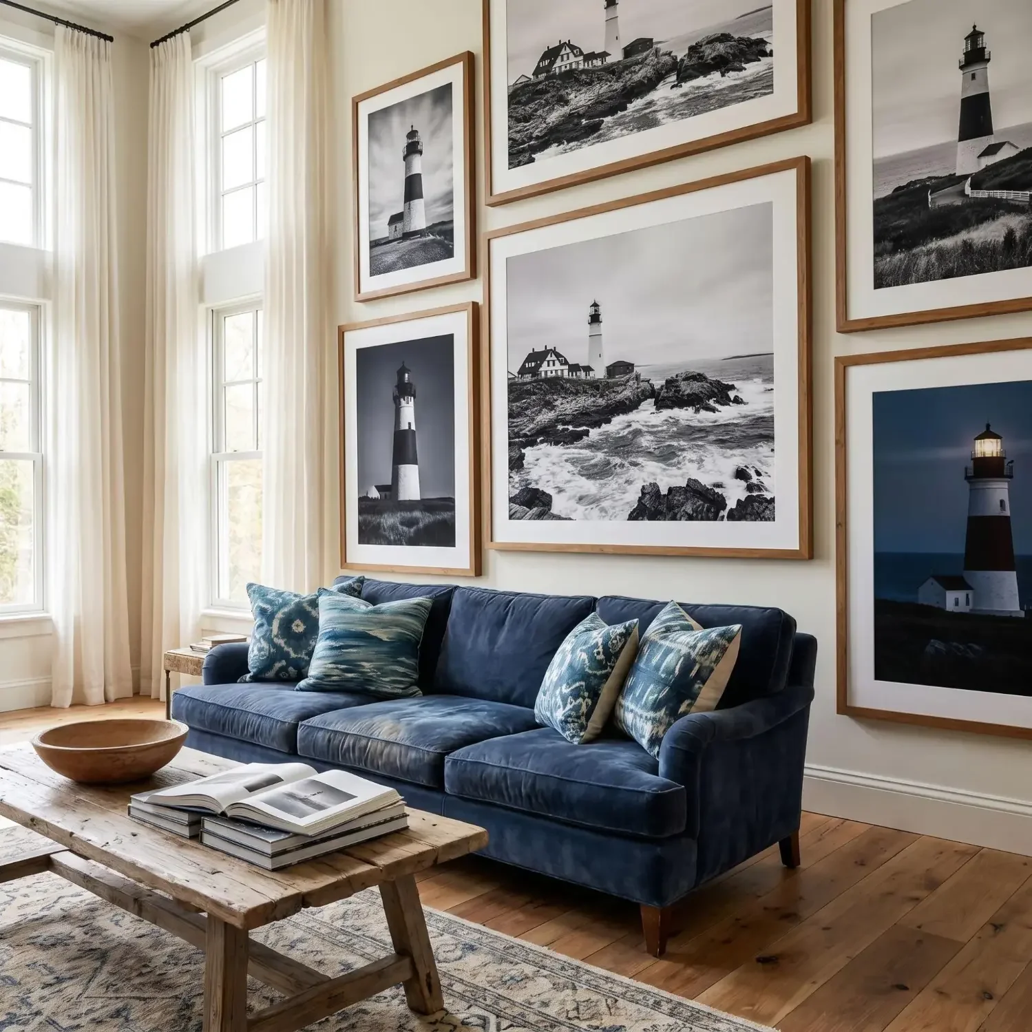 Canvas lighthouse framed photos in a coastal living room
