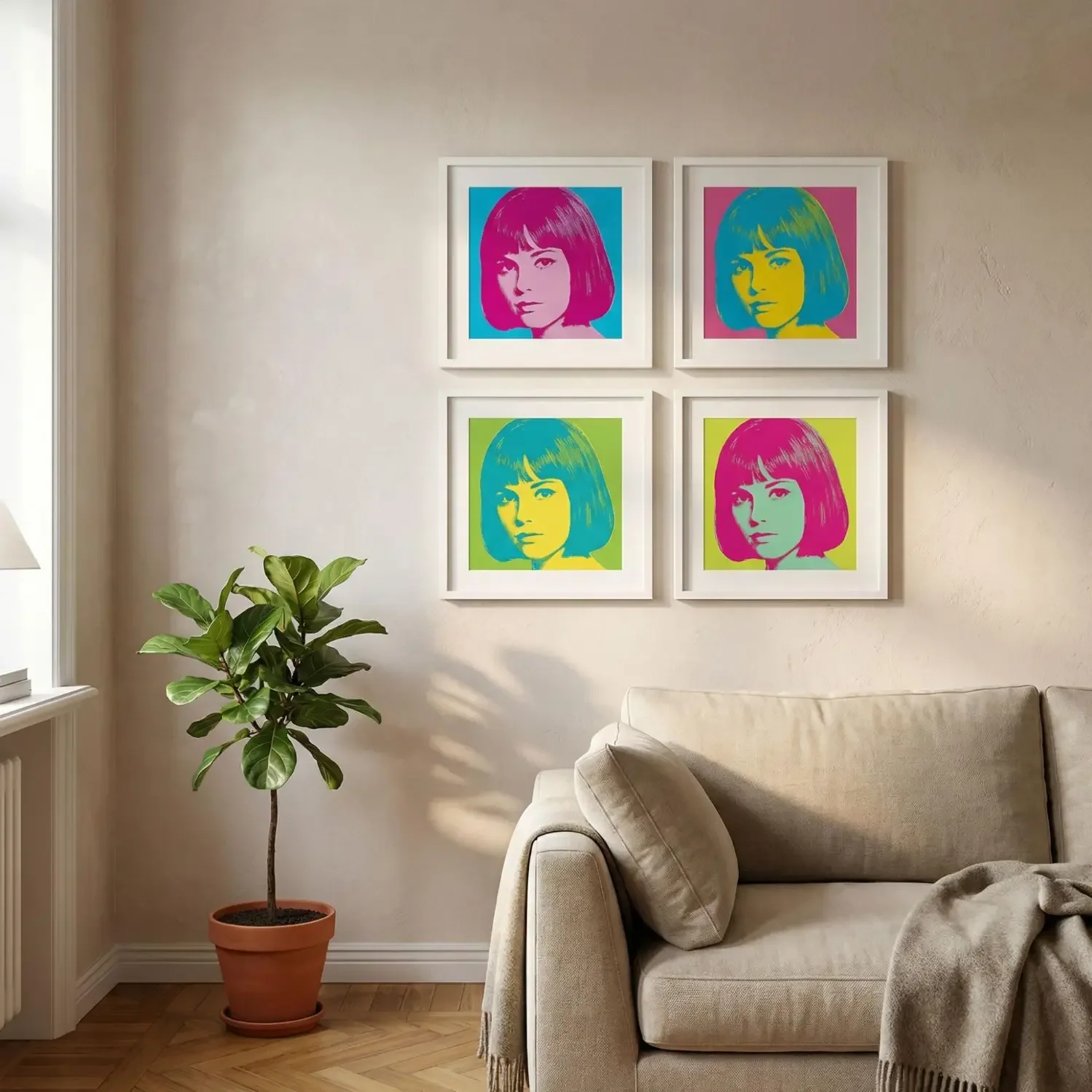 Bold color pop portrait grid wall in living room
