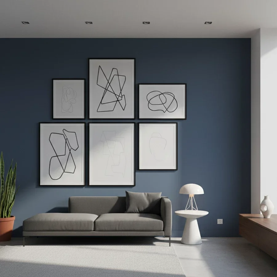Minimal modern room with abstract art above a gray sofa