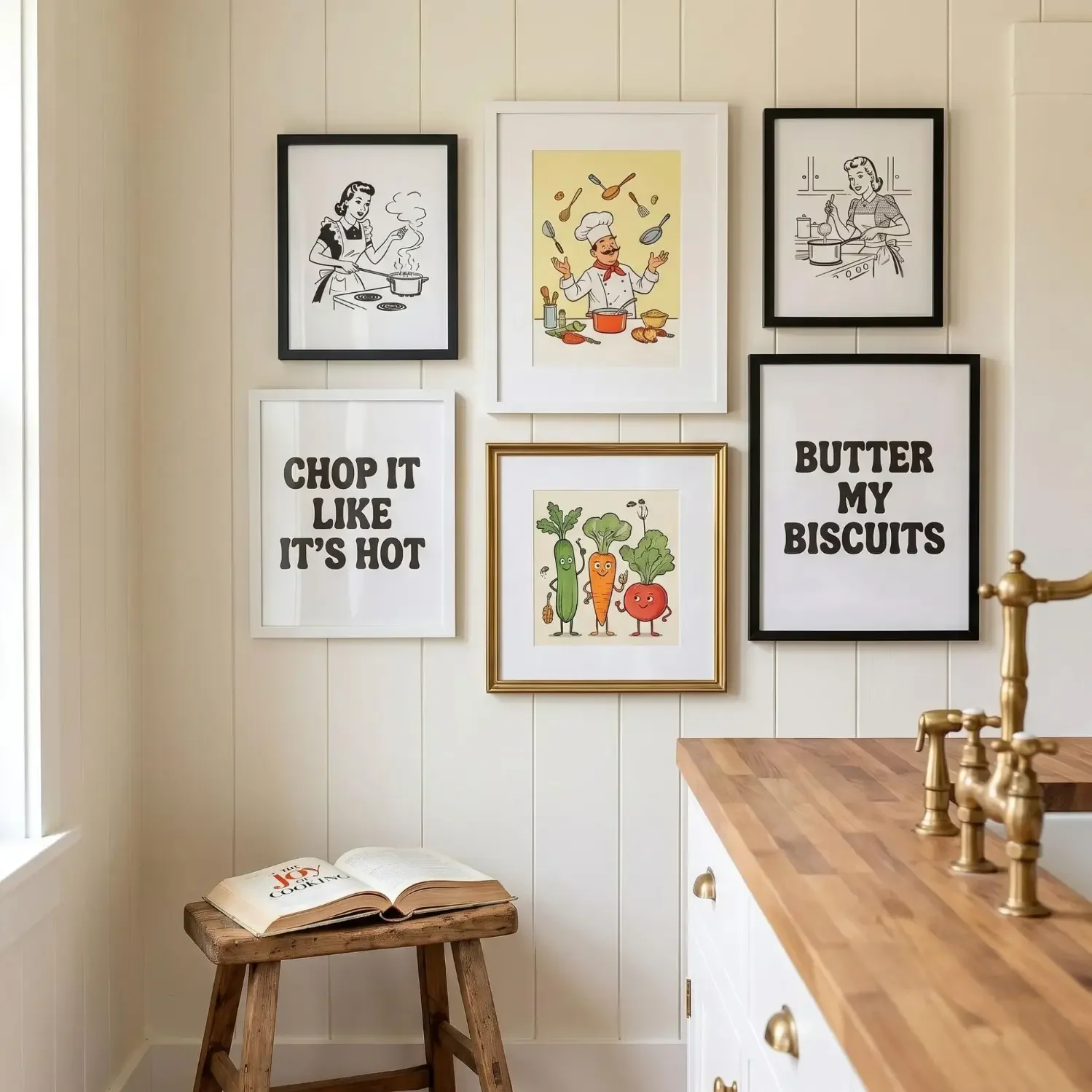 Whimsical vintage kitchen illustrations gallery wall
