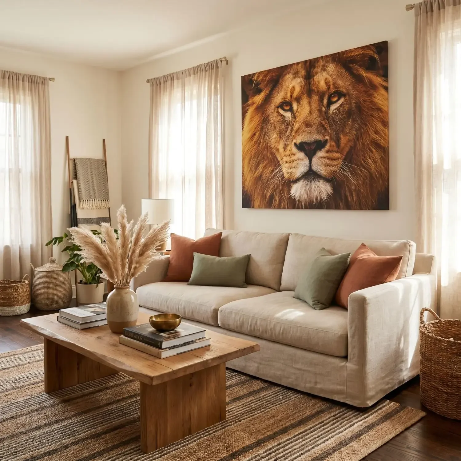 Bold wild lion portrait in living room