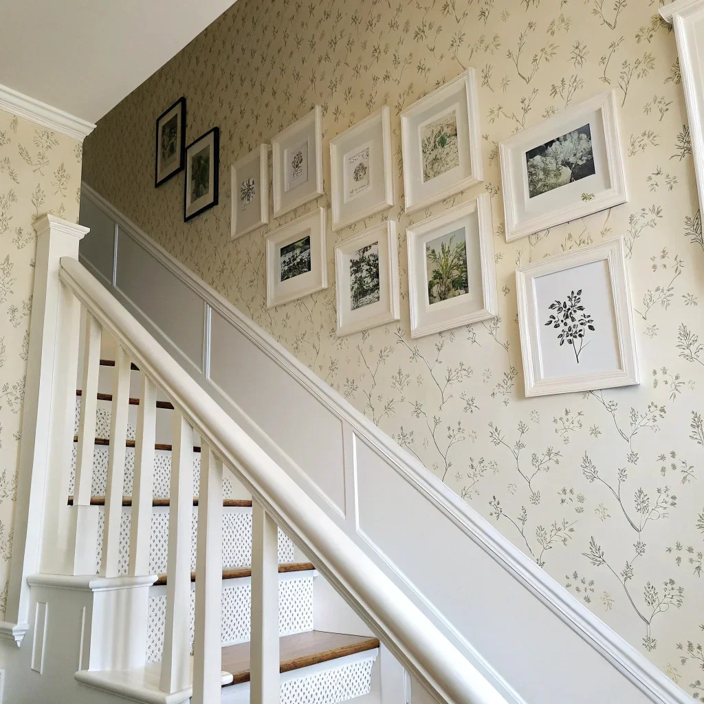 A staircase wall with subtle patterned wallpaper and simple frames that allow the photos to stand out.