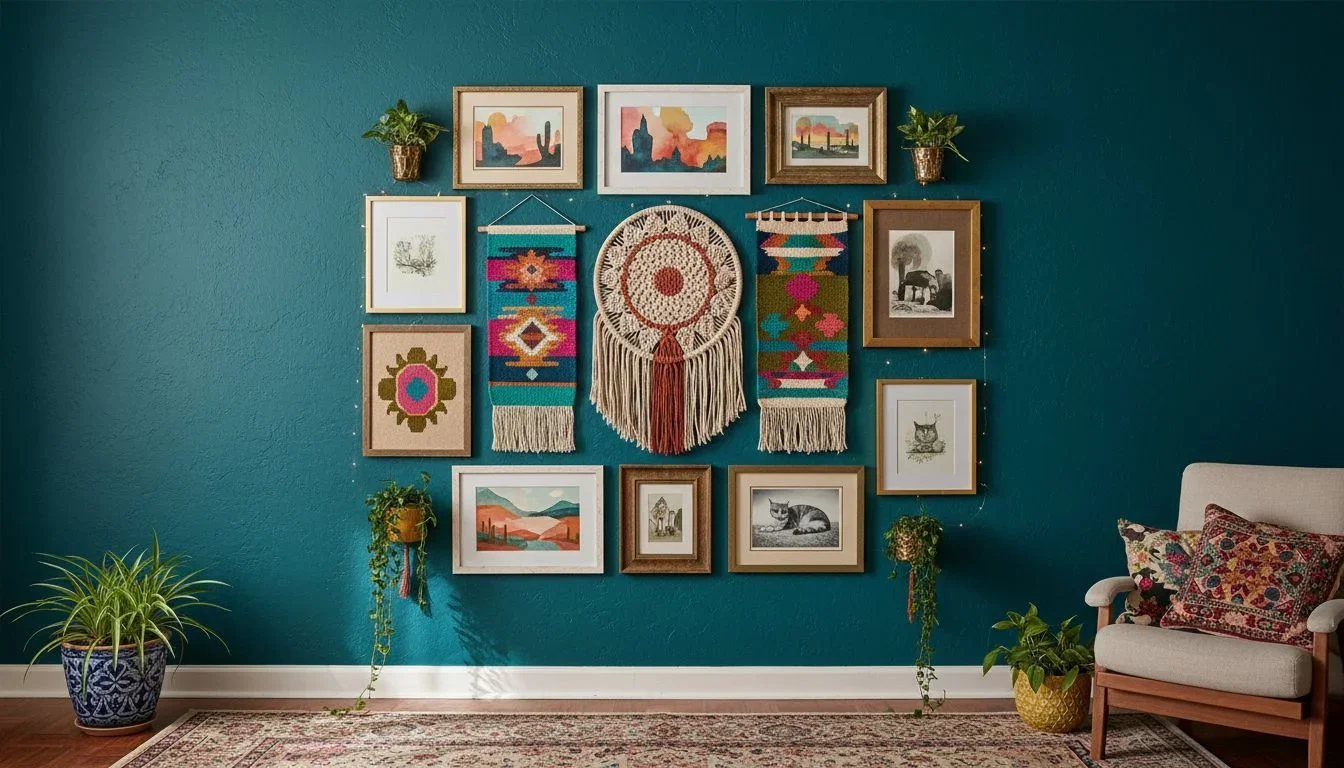 Eclectic boho wall with mixed art and textures