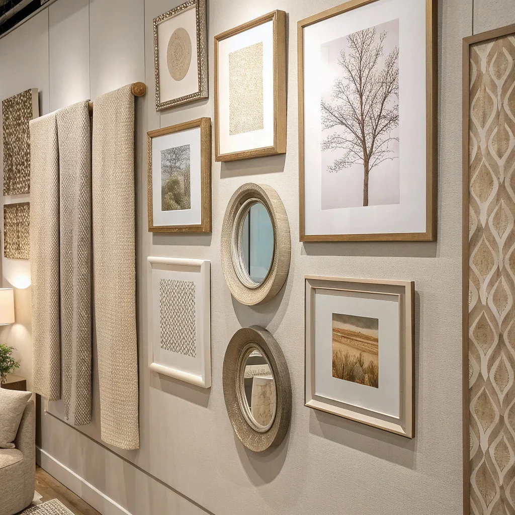 Gallery wall mixing framed art, mirrors, and fabric panels for layered texture.