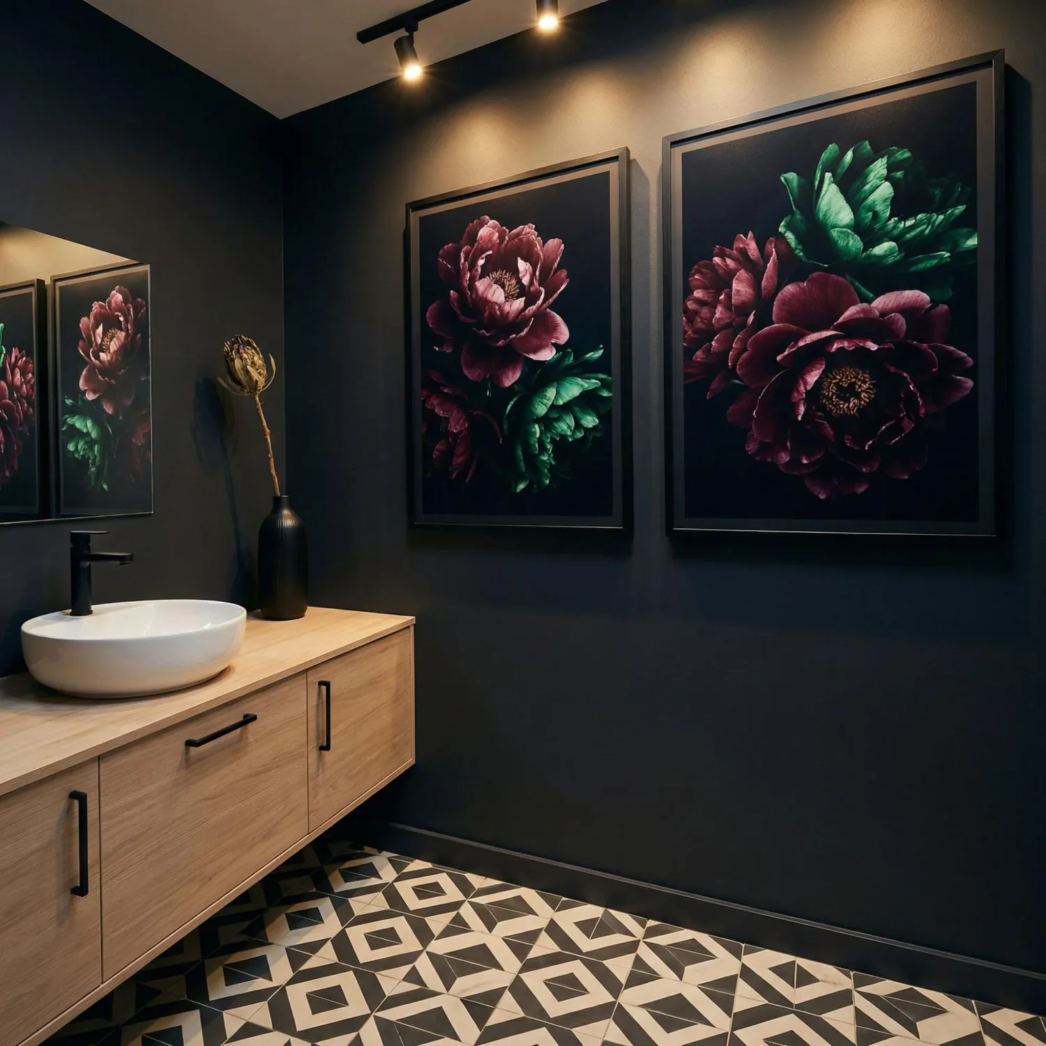 Bold floral wall art in a modern dark bathroom