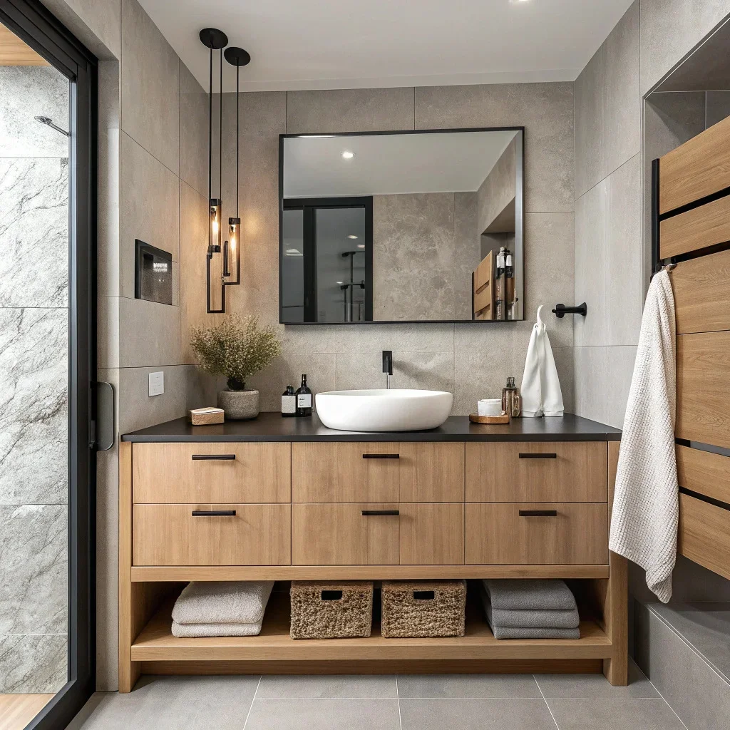 Bathroom vanity with black hardware and squared mirror.
