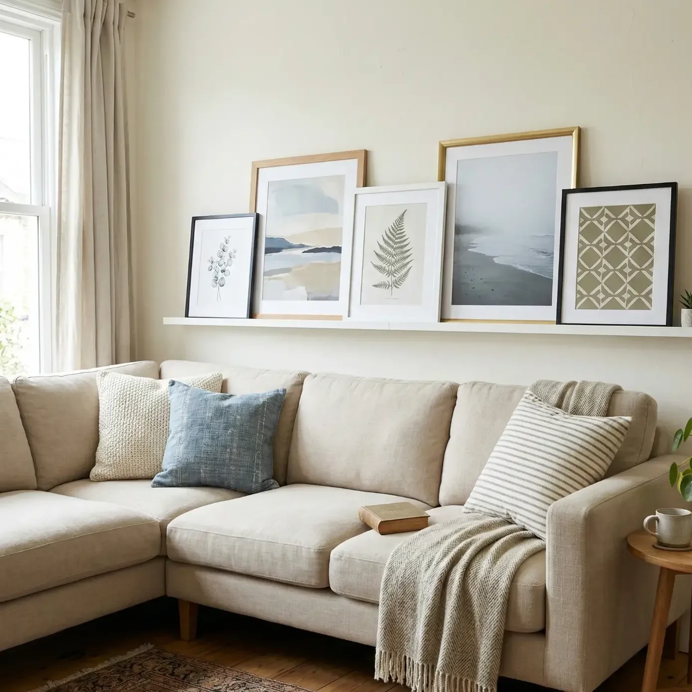 Cozy sectional sofa with framed prints on a floating picture ledge
