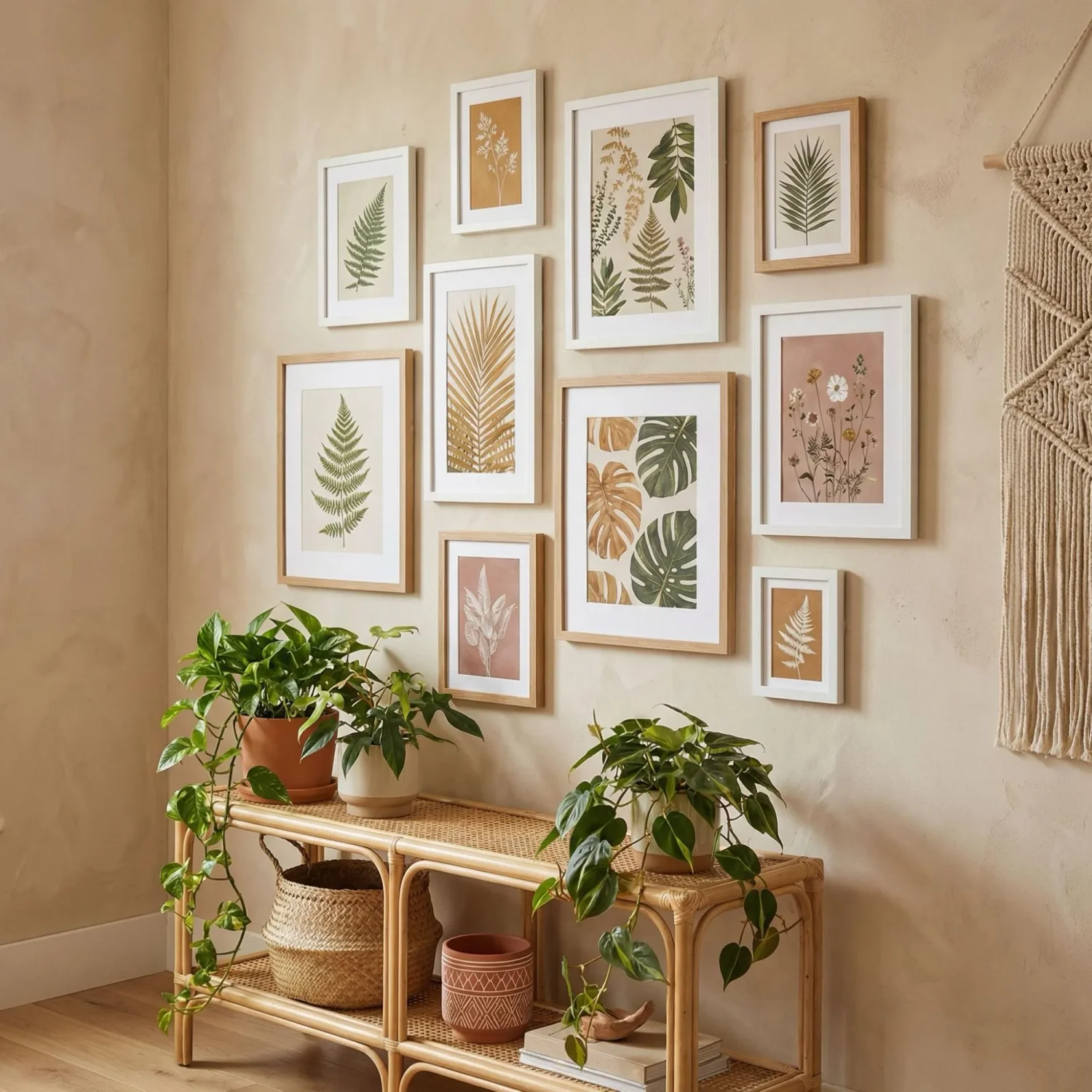 Boho organic botanical gallery wall with mixed frames