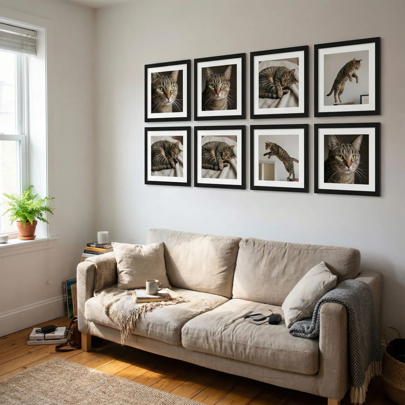Cat memorial photo wall with framed pictures at home