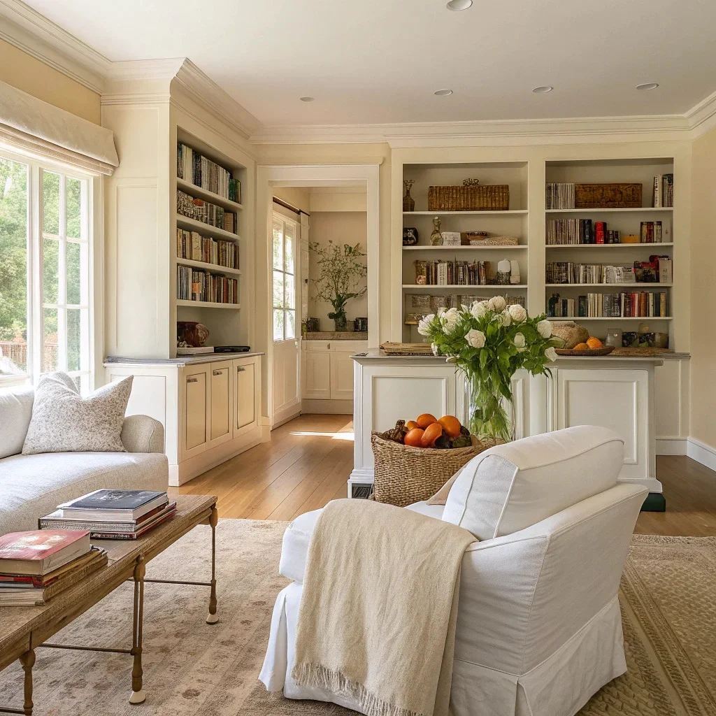 Bright, sunlit living room in the Nancy Meyers style, featuring warm white walls, natural wood floors, linen upholstery, jute rug, open shelves with cookbooks, and simple décor like fresh flowers and bowls of fruit.
