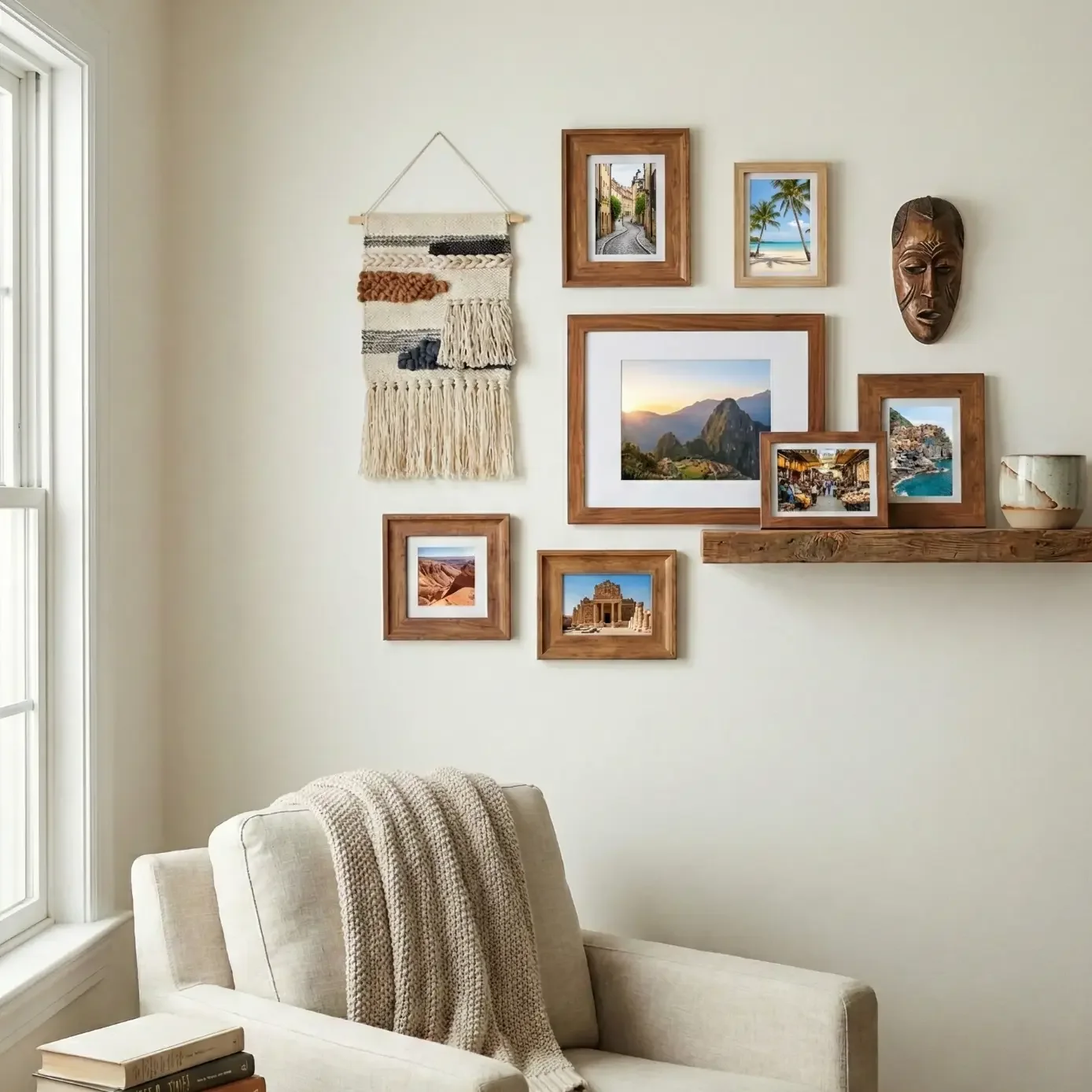 Travel photo gallery wall above an armchair with woven hanging