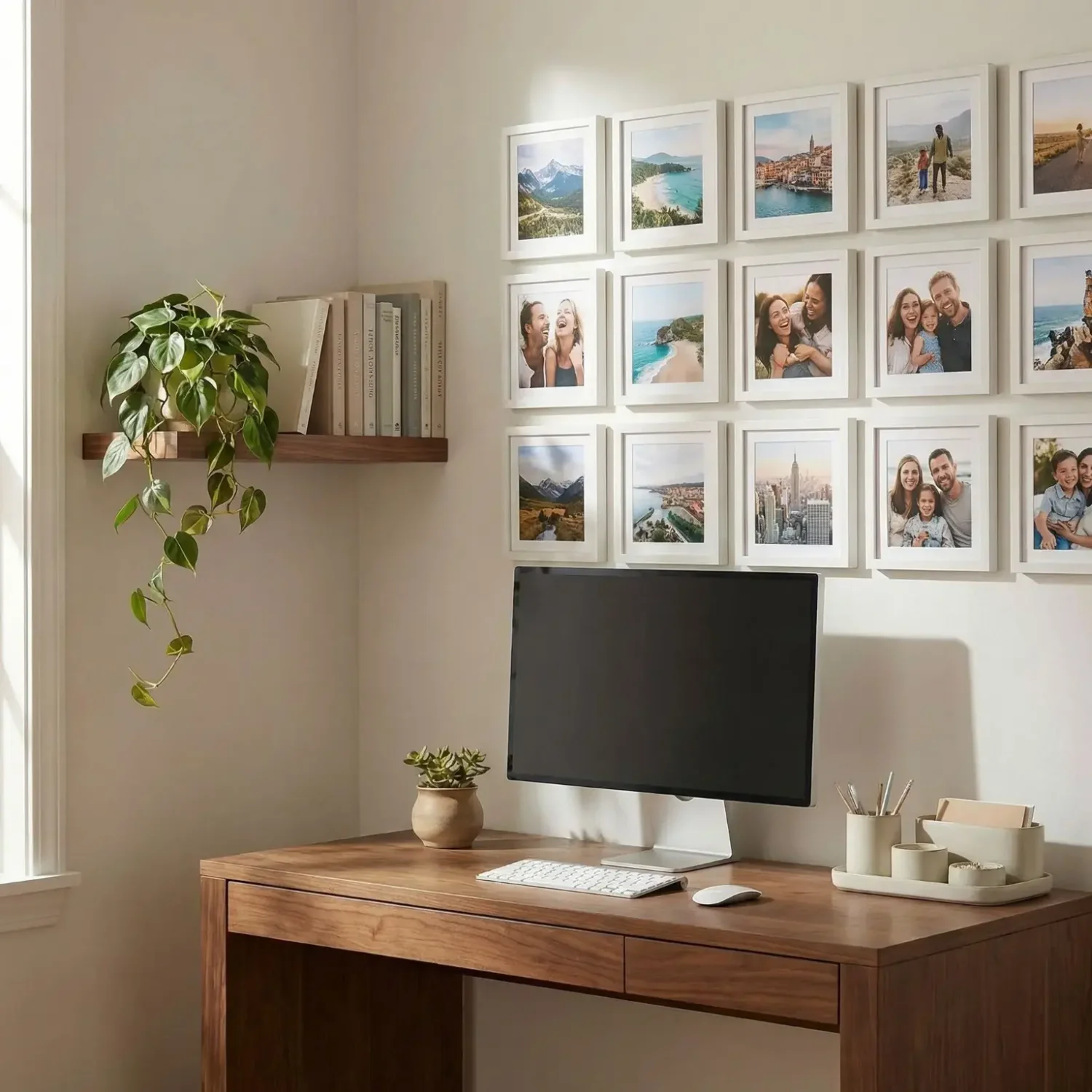 Home office corner wall with framed travel photos