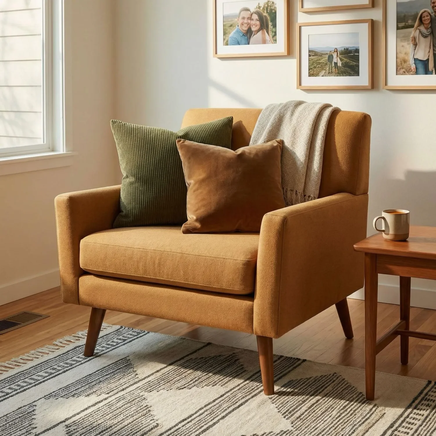 Layered velvet and linen pillows on MCM armchair