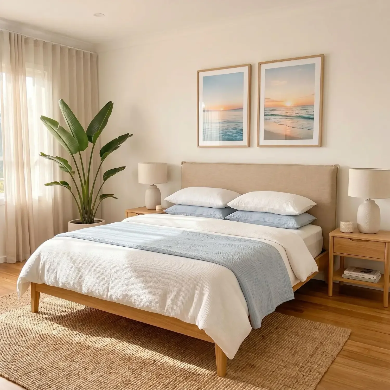 Framed tropical sunrise prints above bed headboard