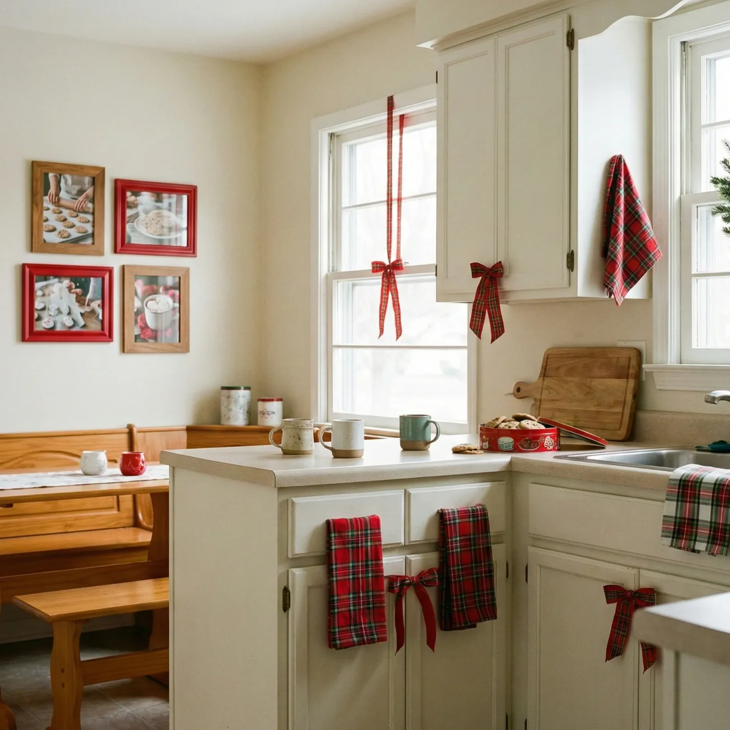 Cozy kitchen decorated for christmas with plaid ribbons and mugs.