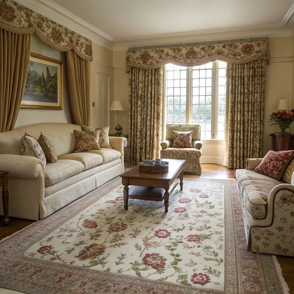 A traditional living room featuring layered patterns: a large-scale floral or damask rug, medium patterned accent pillows on a classic armchair, and a small geometric throw, all in a cohesive color palette.