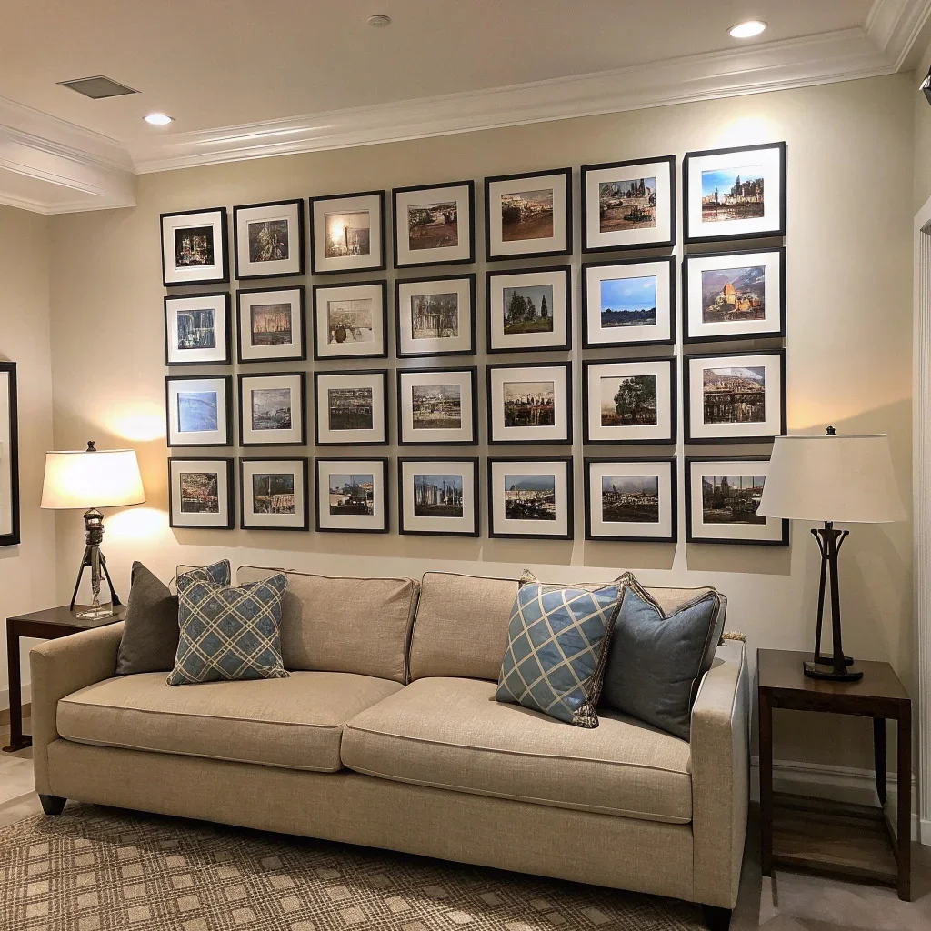 Evenly spaced symmetrical grid of photo tiles above a sofa, arranged in tight rows and columns for a crisp, polished look.
