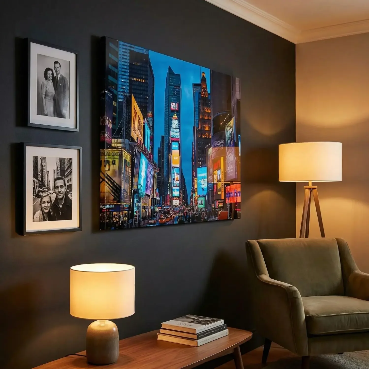 Glossy canvas print with vivid colors on dark wall