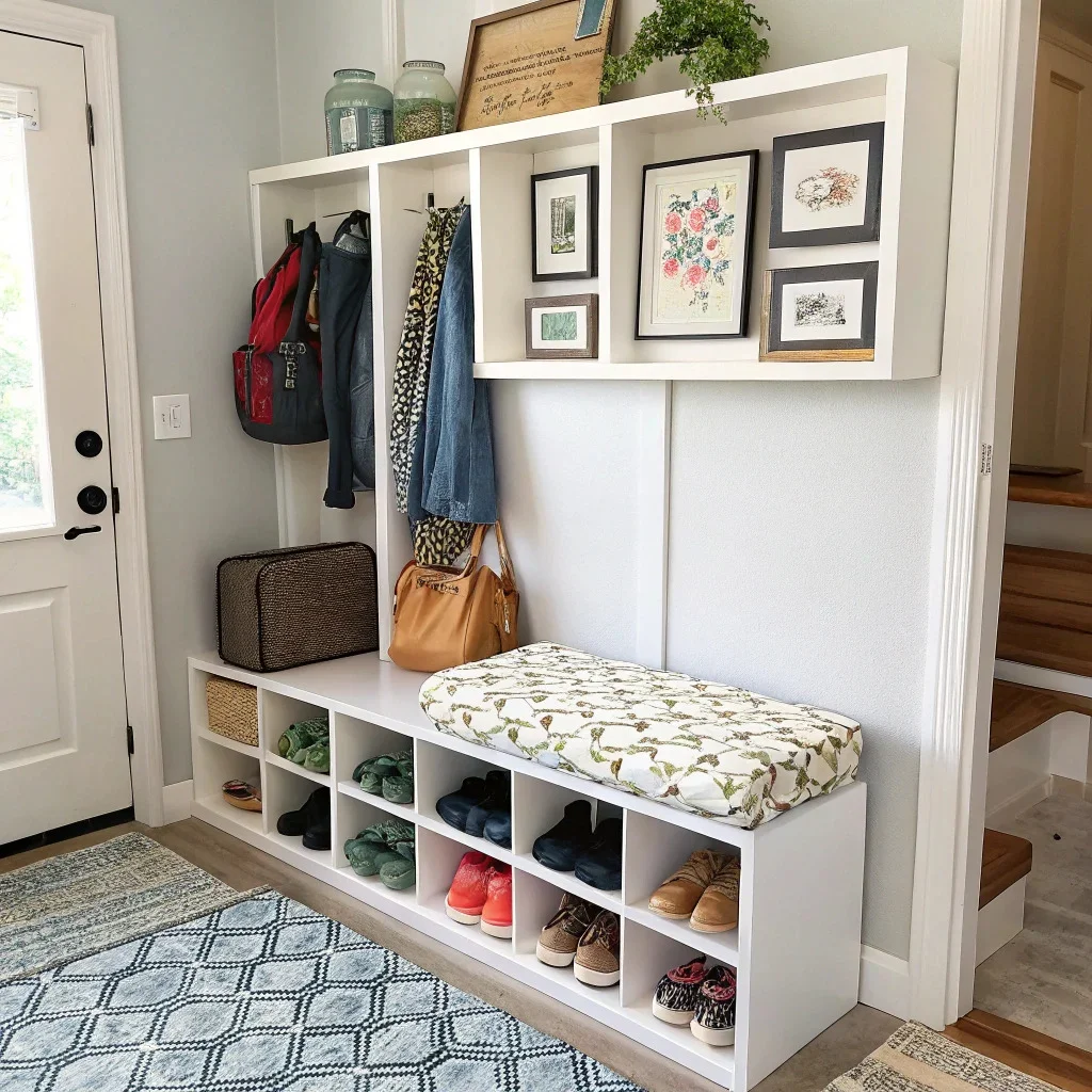 Entryway with open cubbies, small framed photo tile on a shelf, and a DIY coffee-table-turned-ottoman.