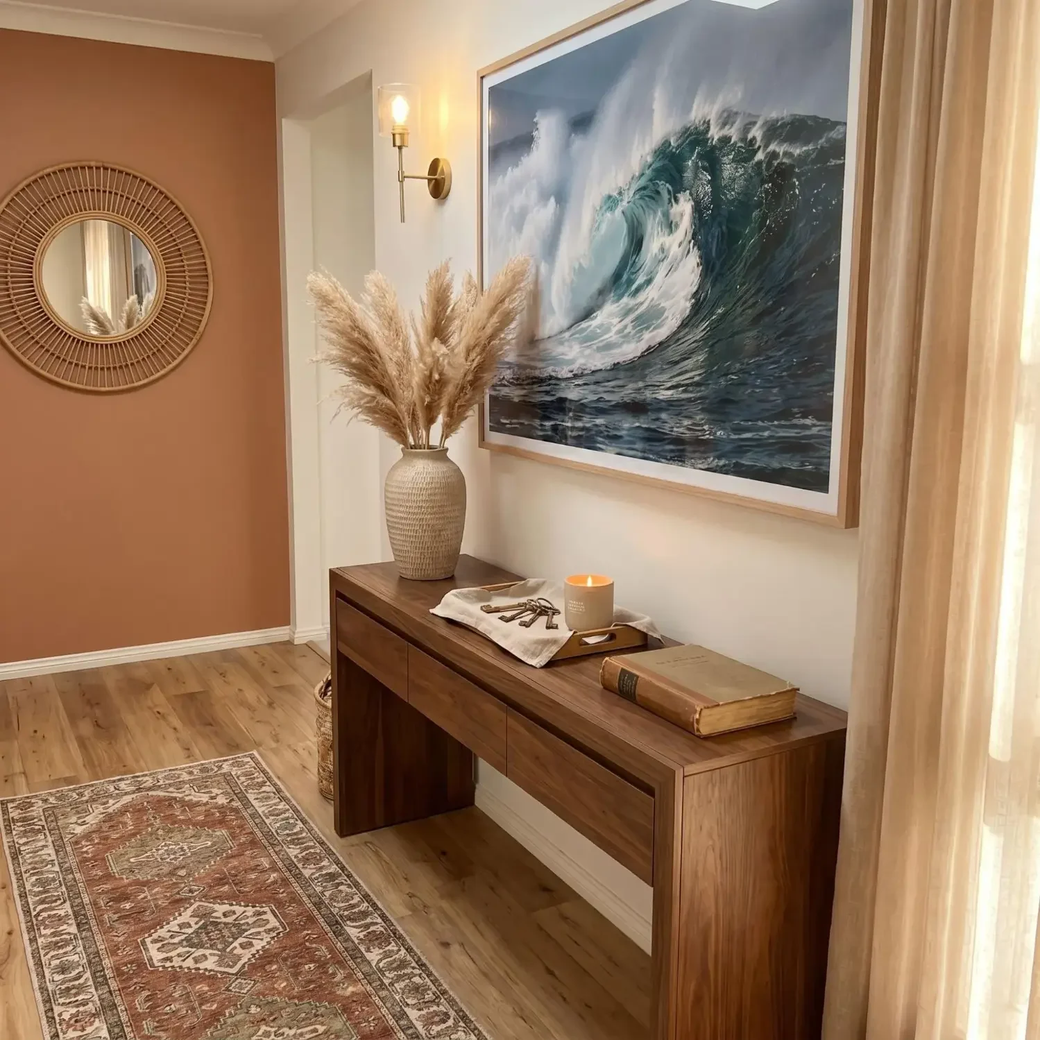 Entryway hallway with single ocean wave framed print