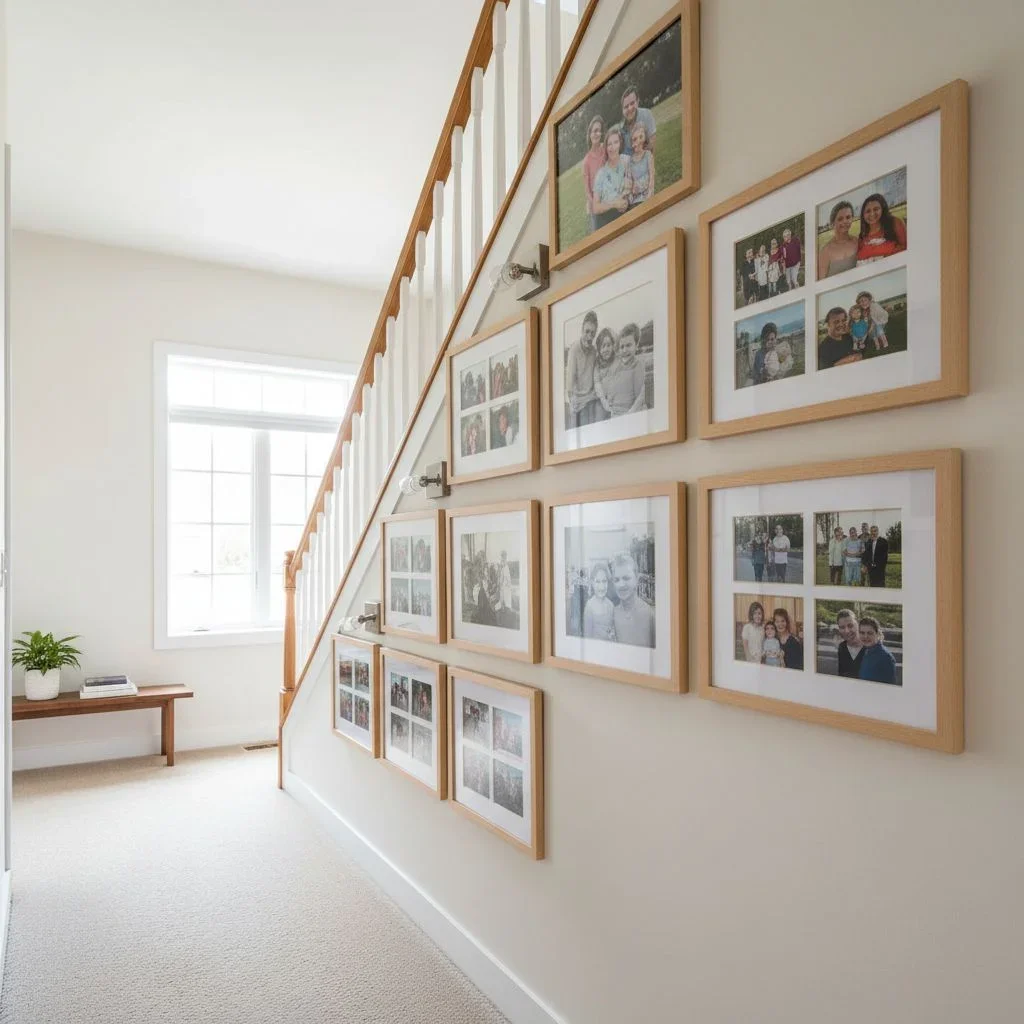 Hallway gallery along staircase with pictured frames