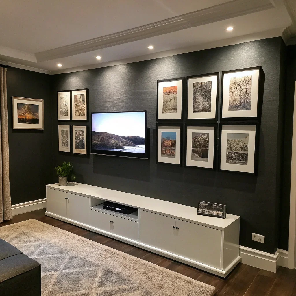 TV wall on a dark accent wall with a slim floating console and a centered grid of art above it, visually blending the screen and lifting the composition.