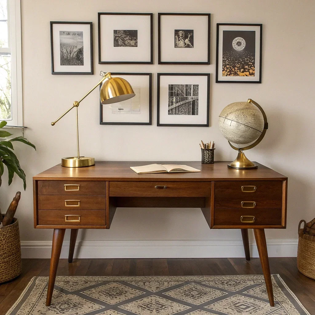 Mid-century modern office with tapered-leg furniture, warm wood finishes, globe lighting, and a grid of geometric and retro poster art in thin black frames.