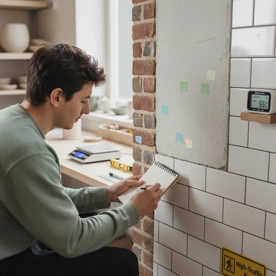 Person taking notes by a tiled and brick wall
