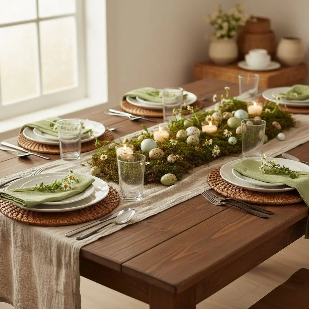 Rustic garden-inspired Easter table with moss and tealights