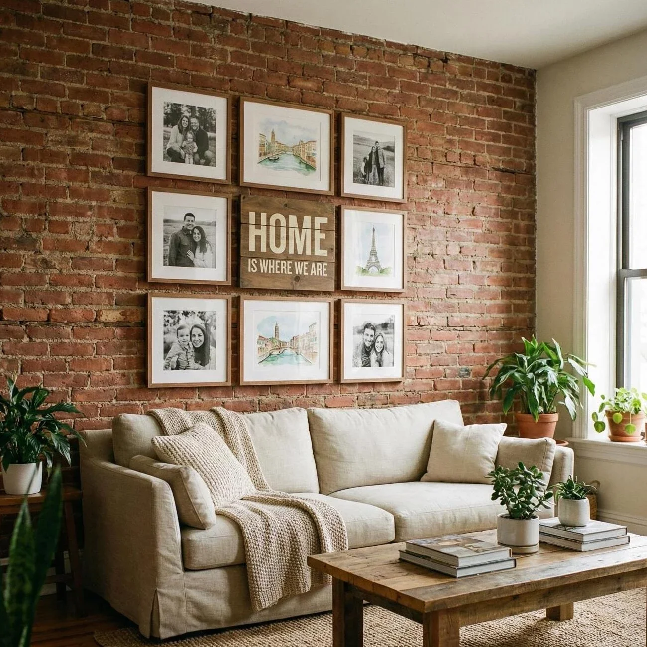 Cozy brick-wall living room with gallery frames above sofa