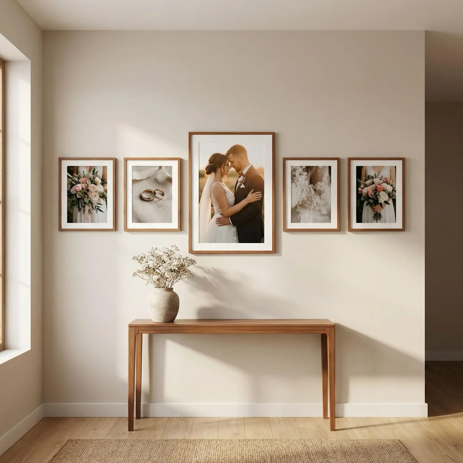 Linear row of five wedding framed photos in hallway