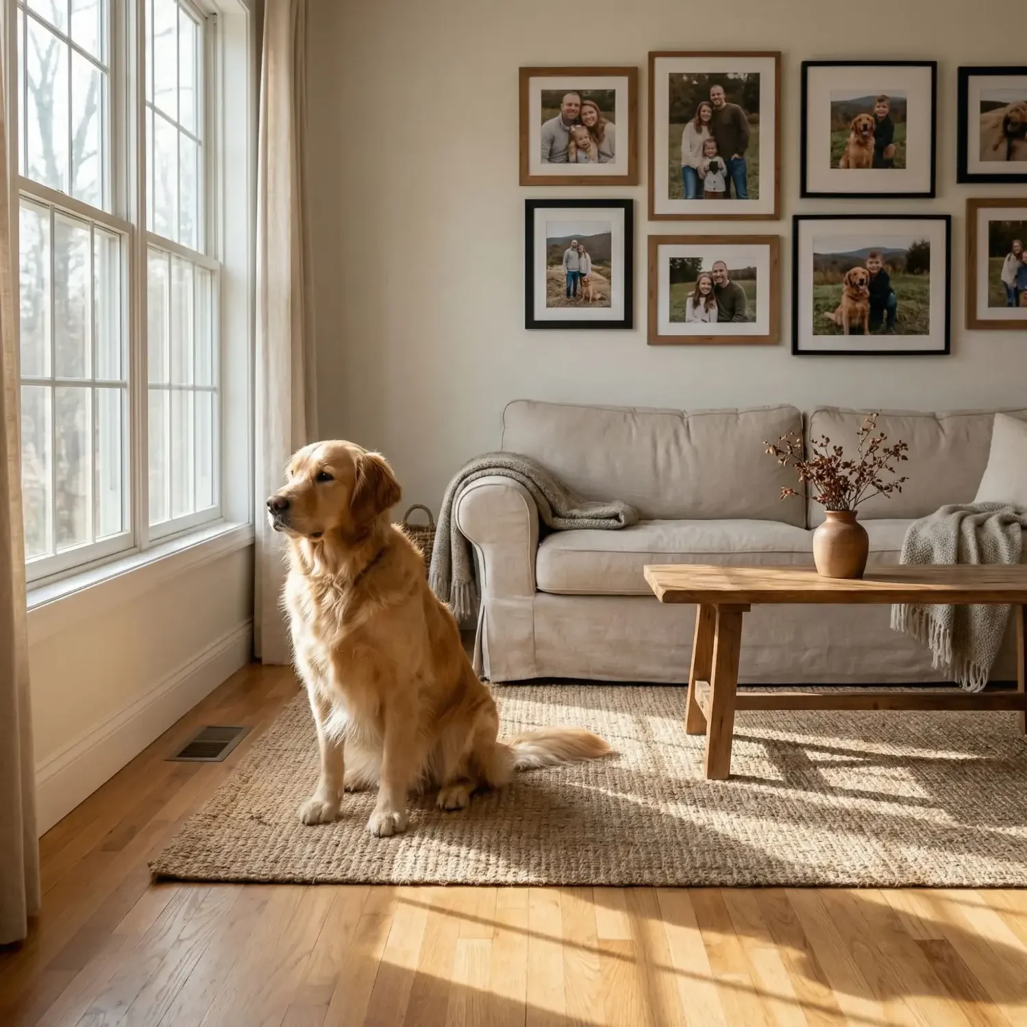 Dog portrait by window light in cozy living room